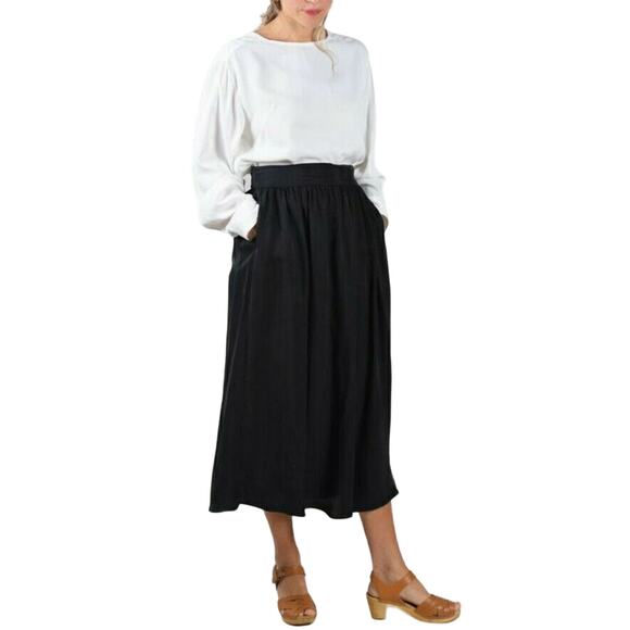 JESSE KAMM silky black midi pleated Ranch Skirt cupro office career Size Medium - Picture 6 of 6
